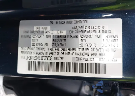 2020 Mazda Cx-5 Touring z USA, uszkodzony, nr VIN JM3KFBCMXL0835603